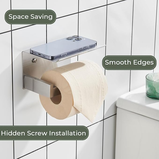 KOKOSIRI Toilet Paper Roll Holder Brushed Nickel Toilet Paper Holder with Shelf Stainless Steel Bathroom Dispenser Wall Mounted, B2010BR