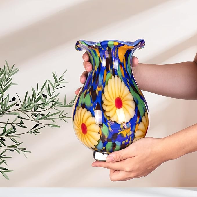 KAMMAK Colored Glass Vase, Beautiful Hand Blown Decorative Vase, Modern Art Vase for Flower Mantle Dining Table Centerpiece, Entryway Living Room Wedding Decoration, FH023
