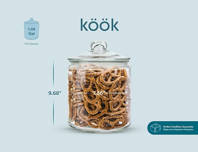 KooK Glass Kitchen Jars, Food & Cookie Storage Containers for Pantry, Bathroom Apothecary Canisters, Airtight Lids, Dishwasher Safe, with Chalk and Labels, 1 Gallon, Set of 2