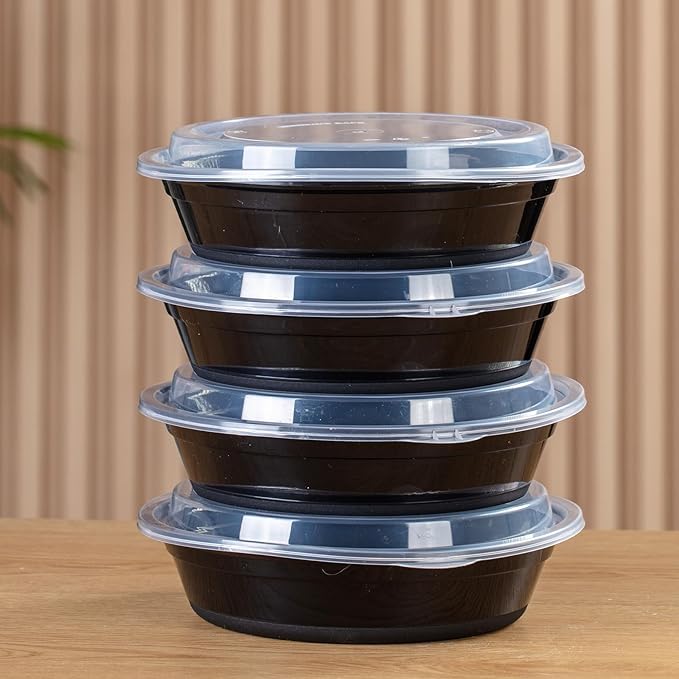 Meal Prep Containers with Lids, Round Shape, 50 Packs (100 Pieces) 24 Oz, Black Color, Meal Bowls, Round To Go Containers, BPA-Free, Freezer & Dishwasher Safe