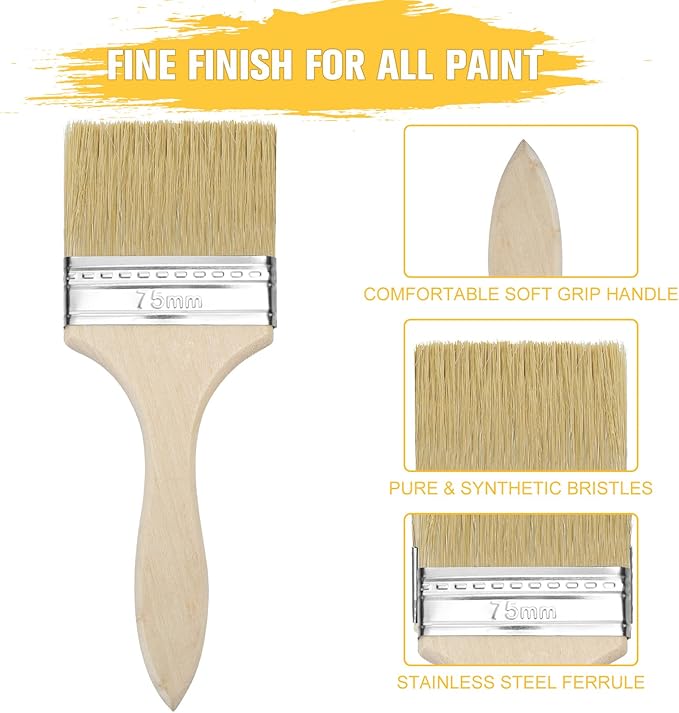 Remerry 96 Pcs 3 Inch Paint Brushes Bulk, Natural Bristle Chip Brushes with Wooden Handle, Flat Art Applicators for Wall, Furniture, Kids, Fences Details