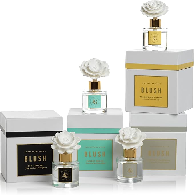 Zodax Apothecary Guild Blush Porcelain Oil Diffuser - Home Fragrance Diffuser Ideal for Living Room, Bathroom, Office - Makes a Great Gift - Porcelain Flower Design - Fig Vetiver - 1.69 Oz.