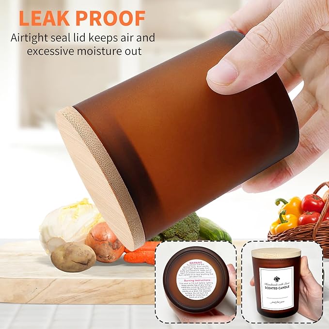 15 Pack Candle Glass Jars- 7oz Frosted Amber Empty Candle Containers with Bamboo Lids and Sticky Labels, Matte Brown Jars in Bulk for Making Candles- Dishwasher Safe-7 fl.oz