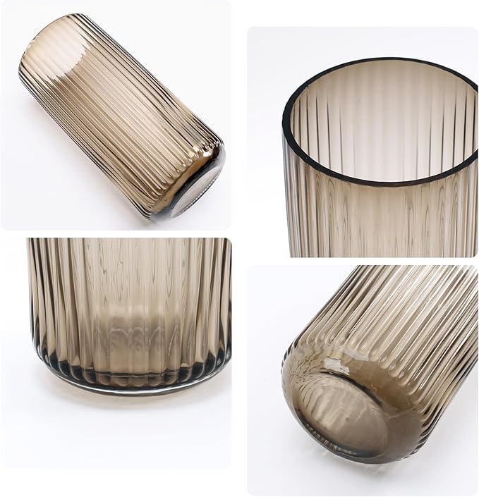 Thick Amber Glass Vase for Flowers, 10 Inch Tall Ribbed Flower Vase for Bouquet, Countertop, Bathroom Vanity, Living Room Decorative Vases for Flowers, Kitchen Shelf, Dining Table, Entryway