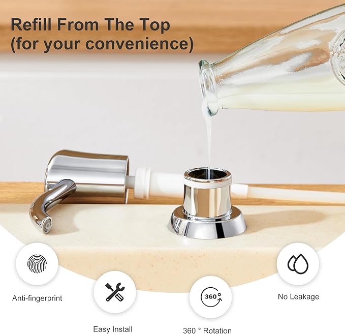 GAGALIFE Built in Sink Soap Dispenser or Lotion Dispenser for Kitchen Sink, Chrome ABS Pump Head, with 17 Ounce Large PET Soap Bottle