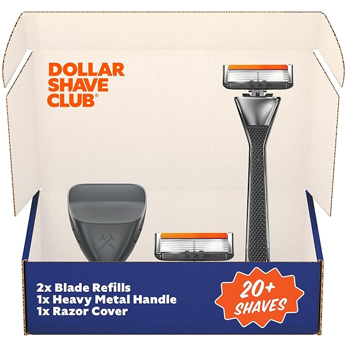 Dollar Shave Club | Heavy Metal Handle Shave Set with Razor Cover | 2 Extra Close Refill Cartridges, 1 Heavy Metal Handle, 1 Razor Cover, Razors for Men
