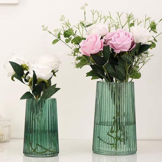 Ribbed Flower Vases Set of 2, Green Vases for Flowers, Flower Vase for Bouquet, Modern Ribbed Glass Vase for Living Room, Bedroom, Dining Table, Office, Wedding, Centerpieces
