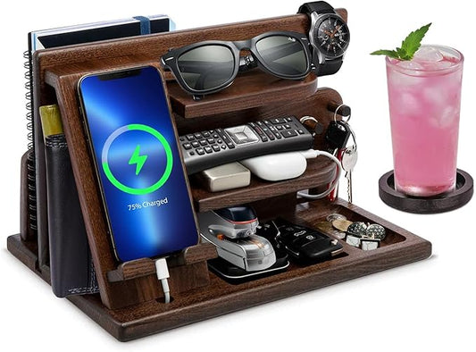 Gifts for Men Christmas, Wood Phone Docking Station, Mens Gifts for Birthday or Gifts for Dad Fathers Day, Desk Workspace Organizer Nightstand Organizer Key for Wallet & Watch Holder Husband Christmas
