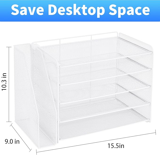 OPNICE 5-Tier Paper Organizer with Magazine Holder, Desk Organizers and Accessories, Office Desk Accessories & Workspace Organizers, Desktop File Organizer for Office Supplies Storage, White