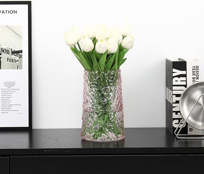 Pink Glass Vase, Flower Vases for Bouquet, Modern Glass Vase for Flowers, Large Vases for Living Room, Bedroom, Kitchen, Office, Wedding, Dining Table, 8 Inches