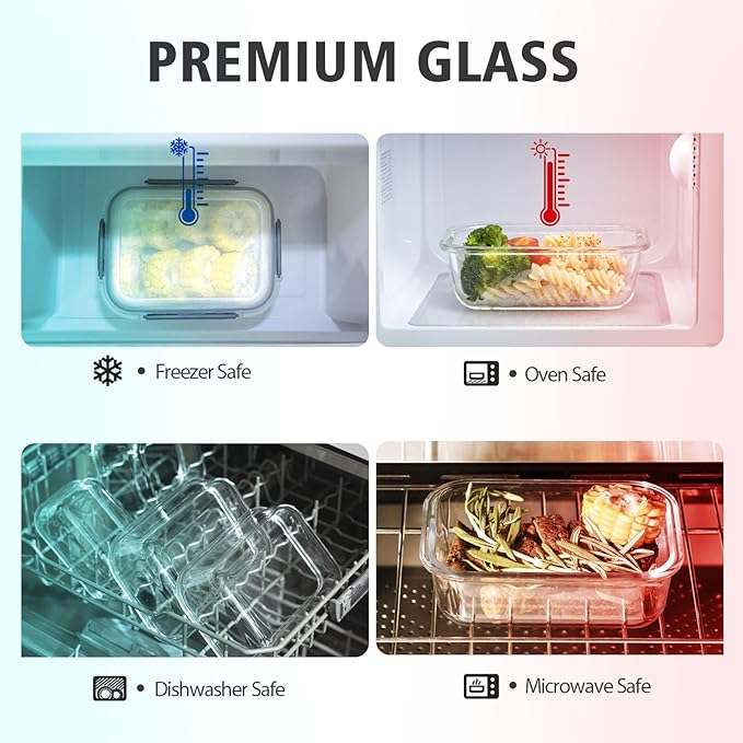 24 Pieces Glass Food Storage Containers with Lids,Glass Meal Prep Containers Set with Locking Lid,Airtight Glass Lunch Container for Kitchen,BPA Free(12 Lids & 12 Containers)