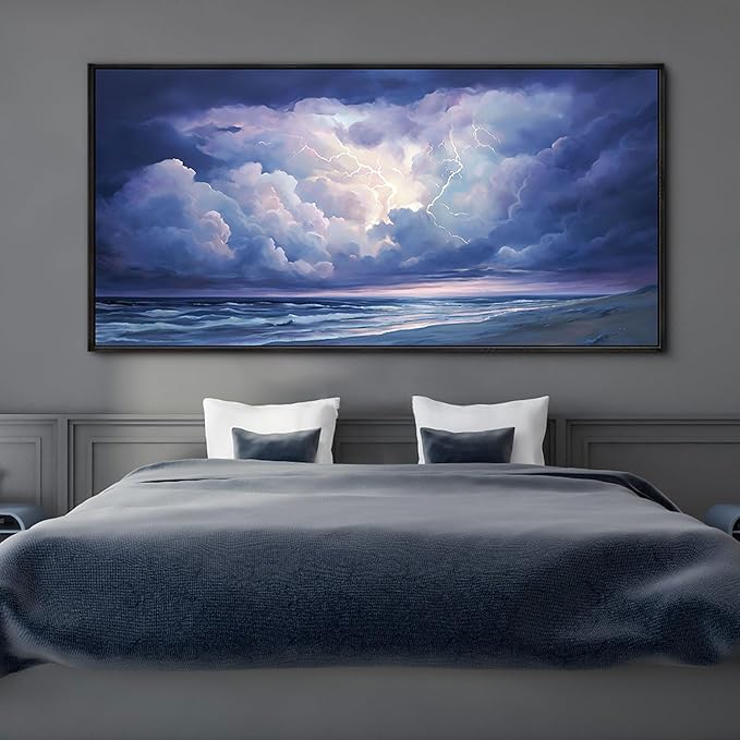 yiijeah Living Room Wall Decor - Modern Wall Art for Bedroom Office Decor Extra Large Abstract Thundercloud Beaches Coast Painting Framed Canvas Prints Ready to Hang Wall Pictures Home Decor