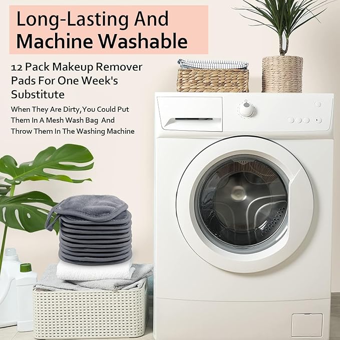 HOMEXCEL Makeup Remover Cloth 12 Pack,Reusable Makeup Remover Pads, Washable Ultra Soft Facial Cleansing Cloths For All Skin Types, 5 X 5 In, Grey