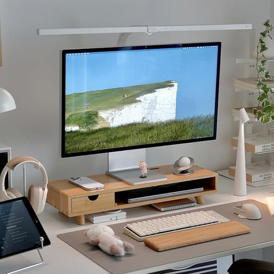 Bamboo Monitor Stand Riser with Drawer, Ergonomic Computer Riser for Desk with Cable Management & Storage Organizer, Wood Monitor Stand for Home Office
