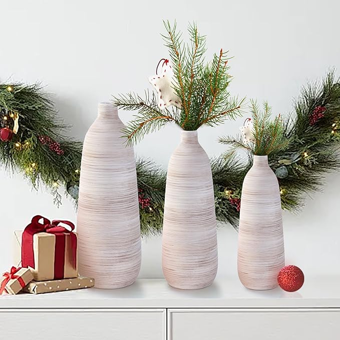 ALMA 2025 Updated 11 in Tall White Beige Vase for Boho Home Decor, Thin Ceramic Vase for Single Rose, Pampas Grass, Decorative Rustic Vase for Flowers, Dining Table Centerpieces,Table Top Decoration