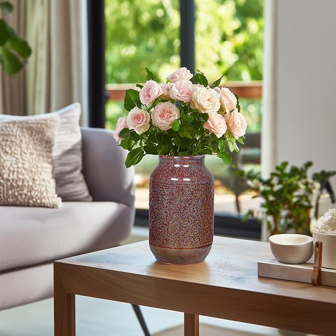 Brown Ceramic Vase for Home Decor - 9 inch Farmhouse Pottery Vase for Pampas Grass, Decorative Vases for Flowers, Farmhouse Decor, Kitchen, Mantle, Fall Decoration