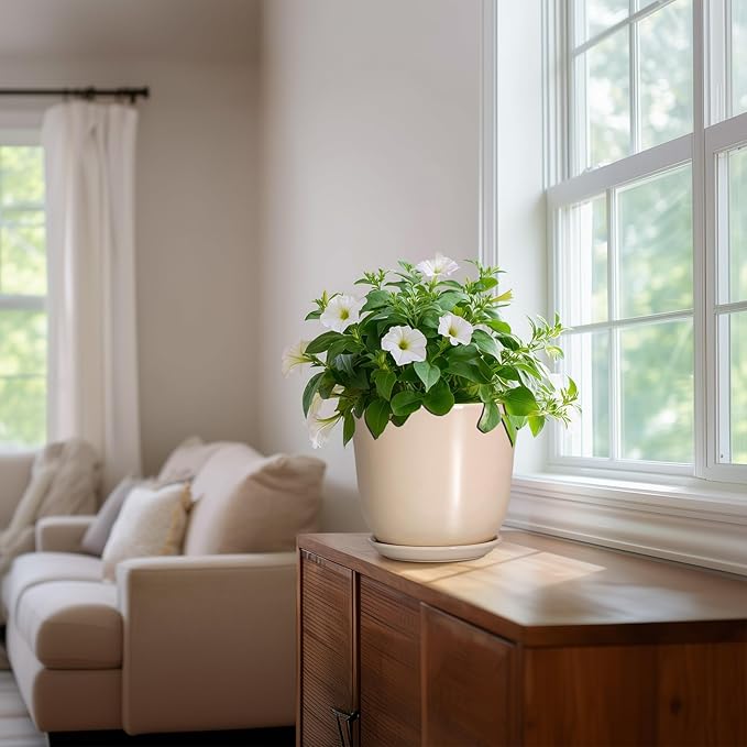 8 Inch Plant Pot - Ceramic Pots for Plants Indoor Outdoor, Round Flower Pots with Drainage Hole and Saucer, Modern Decorative Planters, Home Office Desk Room Decor, Plant Lover Gifts, Beige