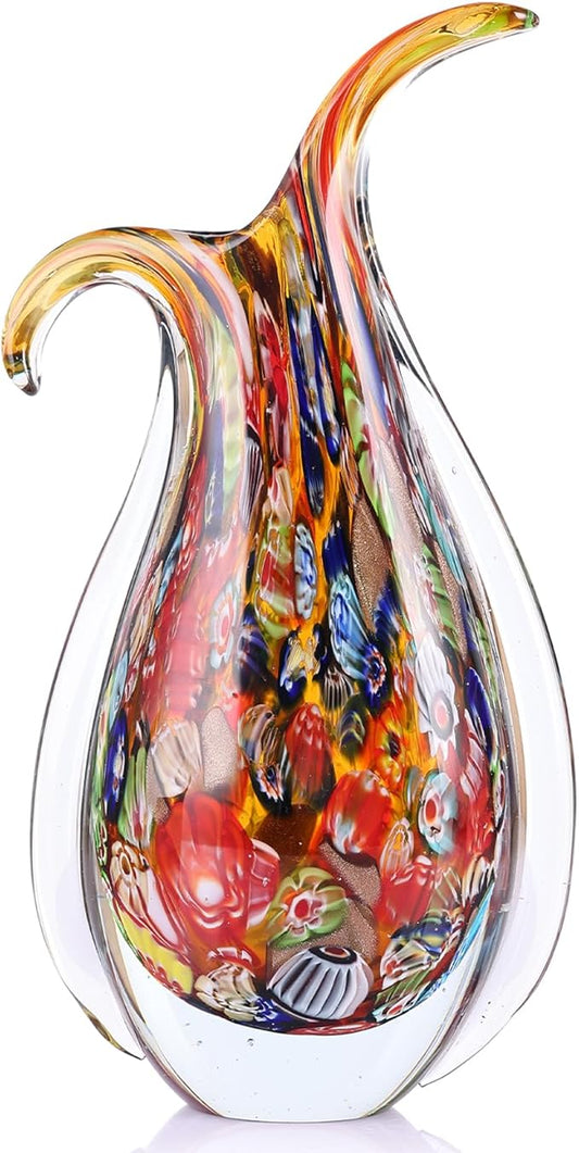 Hand Blown Glass Vase for Centerpiece, Murano Style Table Decoration, Red Blown Art Glass Ellipse Flower Vase, Single Stem Beautiful Decor for Home, Beachy Room Decor for Home Shelf
