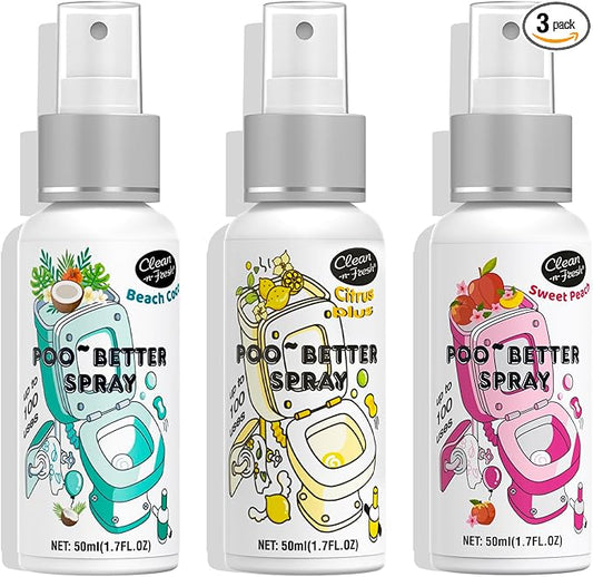 Clean-n-Fresh Toilet Spray, Variety Pack of 3 - Citrus, Peach, Beach Coco, Bathroom Odor Deodorizer, Air Freshener Bathroom Spray, Total 5.1 Fl Oz, 3 Scents