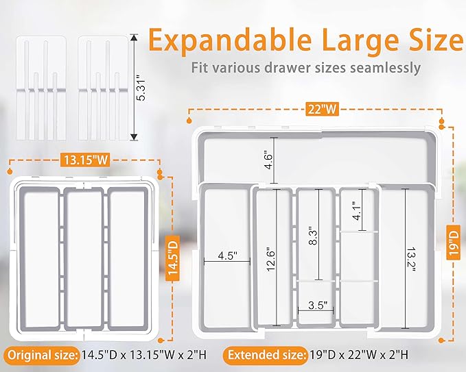 Kitchen Drawer Organizer Large Expandable Silverware Organizer, Utensil Holder and Flatware Tray, Kitchen Spatula Tools and Gadgets Storage with Removable Knife Blocks and 3 Dividers, White