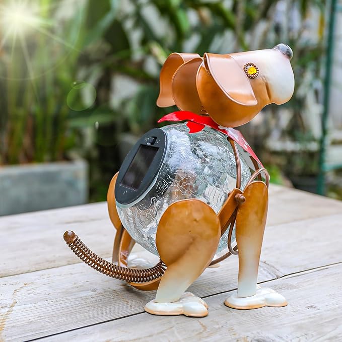 MUMTOP Solar Lanterns Outdoor Waterproof LED Crackle Glass Globe Solar Lights Decorative Dog Tabletop Lantern Metal Yard Art for Patio Garden Table Decor