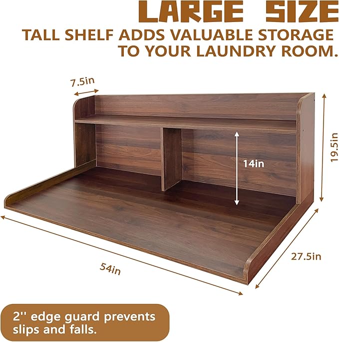 Royxen 2-Tier Washer Dryer Countertop,19.5" H Wood Washer and Dryer Topper with Shelf,Laundry Countertop Over Washer and Dryer, Universal Fit for Laundry Room Organization (Walunt, 54" WX27.5 D)