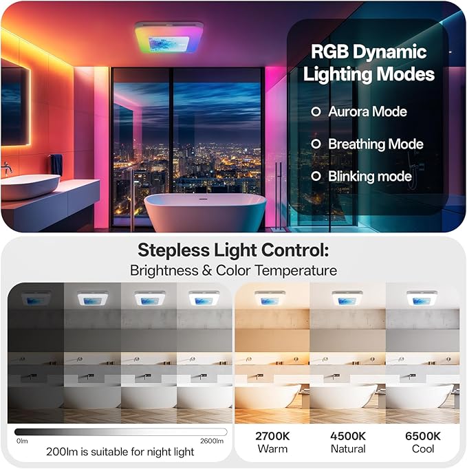 Bathroom Exhaust Fan with Light Humidity Sensor, Bathroom Fan with Odor & Humidity Sensor, 230 CFM 1.0 Sone Venlitation Fan with 3CCT LED Light 7 LED Color, Remote Control Easy Install