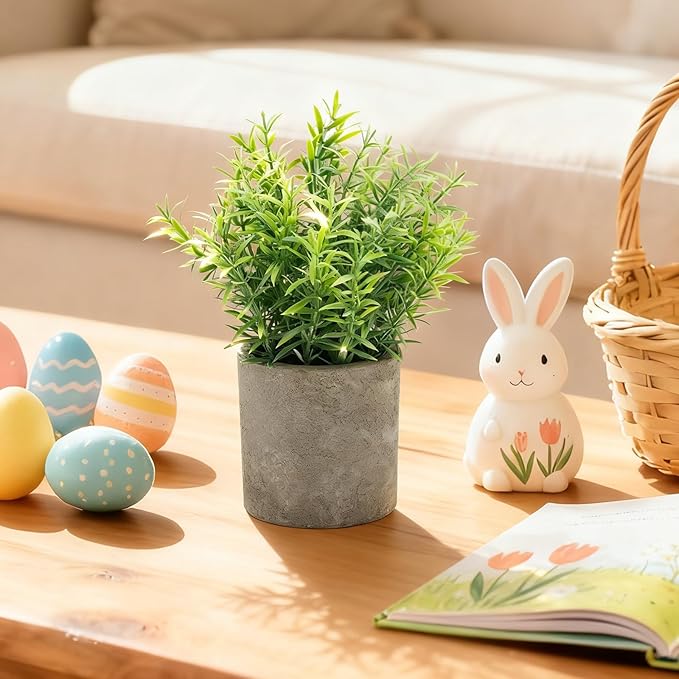 Artificial Potted Plants Faux Greenery in Cement Pots for Shelf, Bookshelf, Office or Home Decor, Small Decorative Fake Plants for Modern Indoor Display