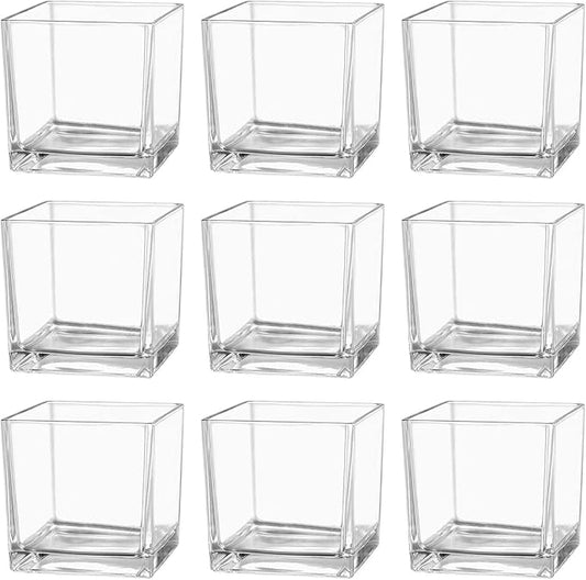 Square Glass Vases Set of 9, 4"x 4"x 4" Flower Vases for Centerpieces, Clear Glass Vase for Flowers, Small Vase for Wedding, Party, Home Office Decoration