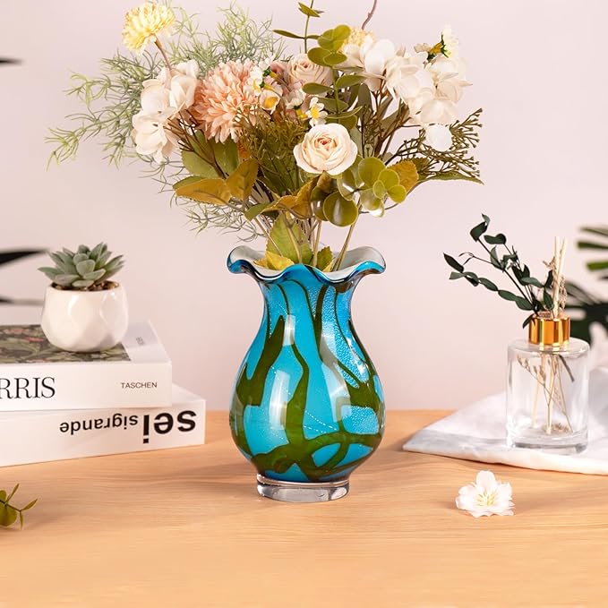 KAMMAK Colored Glass Vase, Beautiful Hand Blown Decorative Vase, Modern Art Vase for Flower Mantle Dining Table Centerpiece, Entryway Living Room Wedding Decoration, FH007