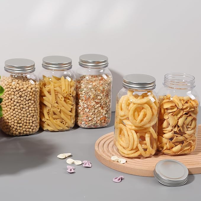 novelinks 32 oz Plastic Food Storage Jars with Metal Lids – 6 Pack BPA-Free Clear Airtight Containers for Pantry, Spices, Snacks, Kitchen & Bathroom Organization – Leak-Proof Reusable Jars (Silver)