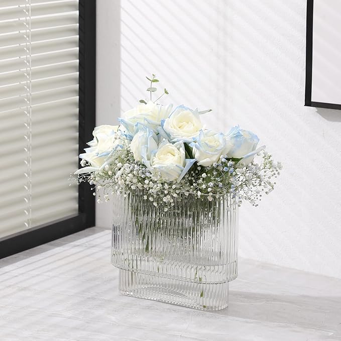 Ribbed Vase, Fluted Glass Vase for Flowers, Clear Flower Vases for Tulips, Modern Vases for Living Room, Dining Table, Office, Bedroom, Mantle, Shelf, Wedding, 7 Inch