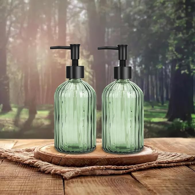 Glass Soap Dispenser with Plastic Pump, Hand Soap Dispenser for Hand Wash, Lotion Dispenser for Dishwashing Liquid, Lotion Shower Gel (Green)