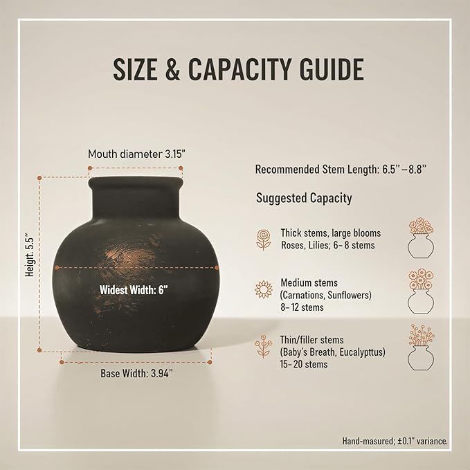 Ceramic Flower Vase, 5.5-Inch Black Pottery Rustic Farmhouse Boho Vase, Handcrafted Decorative Vase for Home Decor, Centerpieces, Table, Living Room, Mantel, Shelf