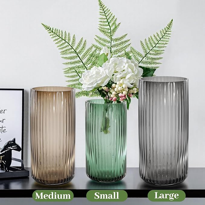 Modern Grey Glass Vase-11 Inch Tall Ribbed Glass Cylinder Vases for Flowers, Bouquet, Desk, Dining Table, Shelf, Decorative Flower Vase for Centerpieces, Home Decor, Living Room, Wedding