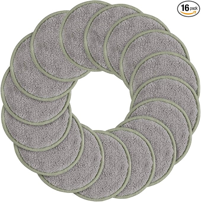 SUNLAND Reusable Makeup Remover Pads for Face,Eye,Lips 16 Pack Microfiber Face Cleansing Gloves Washable with Laundry Bag and Travel Bag Rounds Toner Pads (Round 3.15inchx16, Grey)