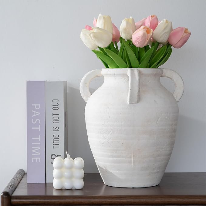 Rustic White Ceramic Vase, Wide Mouth Terracotta, Antique Decorative Flower Vase with 4 Handles, 9.7 in