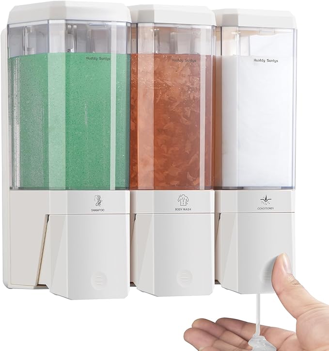 Shower Soap Dispenser Wall Mounted Shower Dispenser 3 Chamber No Drill Shampoo and Conditioner Dispenser Refillable Shampoo Dispener for Shower 3 * 500ml for Bathroom Hotel (Cream White 3 Chamber)