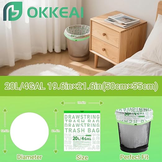 OKKEAI 4 Gallon Heavy Duty Drawstring Trash Bags, Green Printed Unscented Small Garbage Liners for Kitchen & Bathroom – 90 Count Leak-Proof