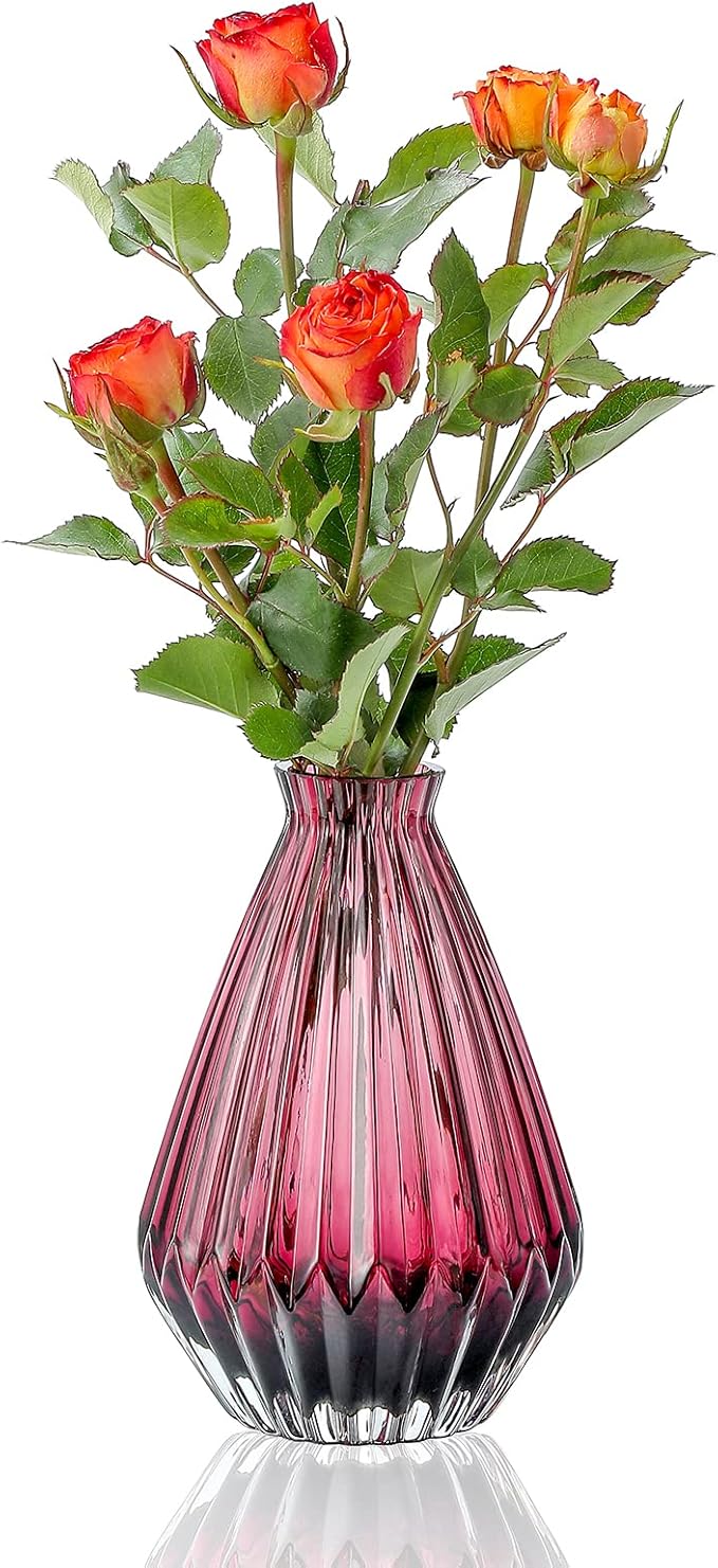 G Red Glass Vases Home Decor, Fluted Glass Vase Hand Blown Thickened Floral Vase for Home Office Party 5.2" H
