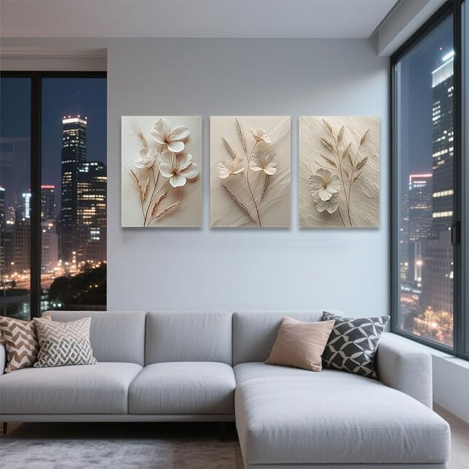 TUEASKY 3 Piece Neutral Floral Canvas Wall Art Beige Flower Wall Art Vintage Botanical Decor Modern Minimalist Prints for Bedroom Living Room Office Home Decoration 16x24in Framed