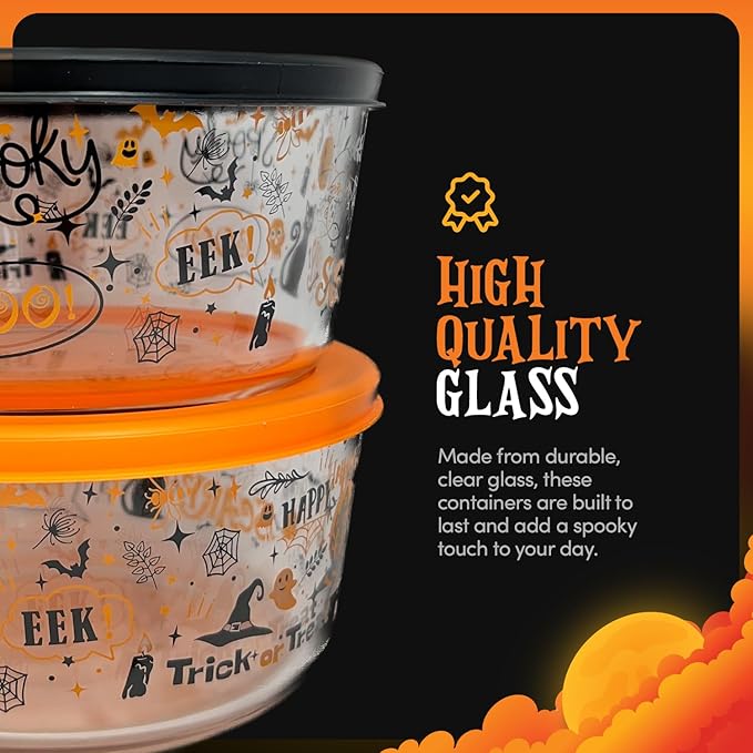 DURA LIVING Halloween Glass Food Storage Containers with Lids | Set of 6 (3 Containers + 3 Lids) 2-Cup | Spooky Design, BPA-Free, Microwave & Dishwasher Safe|Perfect for Meal Prep, Snacks & Leftovers
