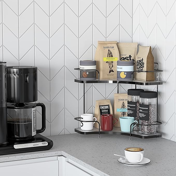 FOLLOWIN 2 Tier Bathroom Countertop Corner Organizer,Countertop Perfume Tray,Vanity Counter Shelf,Skincare Makeup Cosmetic Vanity Organizers,Elegant Black