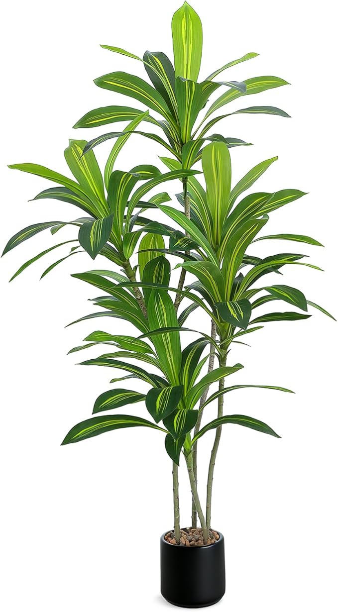 5FT Artificial Dracaena Tree, Faux Dracaena Plant with Stones in Black Round Planter, Tall Fake Floor Plant for Indoor Home Office Living Room Decor