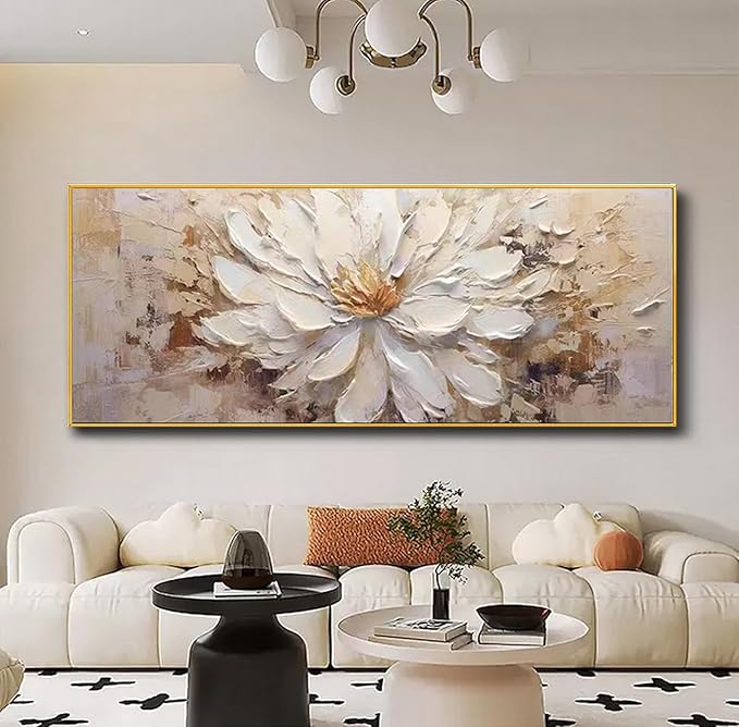 Hand-Painted Flower Canvas Oil Painting for Living Room, Large White Floral Canvas Wall Art for Bedroom,Gold Framed 3D Textured Painting for Office Kitchen Home Decoration 24x56 inches