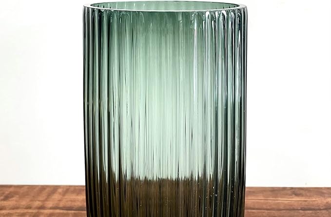 BUICCE Hand Blown Wide Mouth Ribbed Glass Flower Vase for Farmhouse Decor,Round Vintage Foding Bottles for Kitchen Dining Table Cafe Home Shelf Wedding Centerpiece.