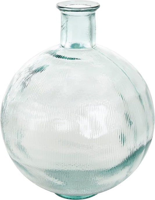 Deco 79 Recycled Glass Handmade Decorative Vase Ribbed Spanish Bottle Centerpiece Vase, Flower Vase for Home Decoration 13" x 13" x 17", Clear