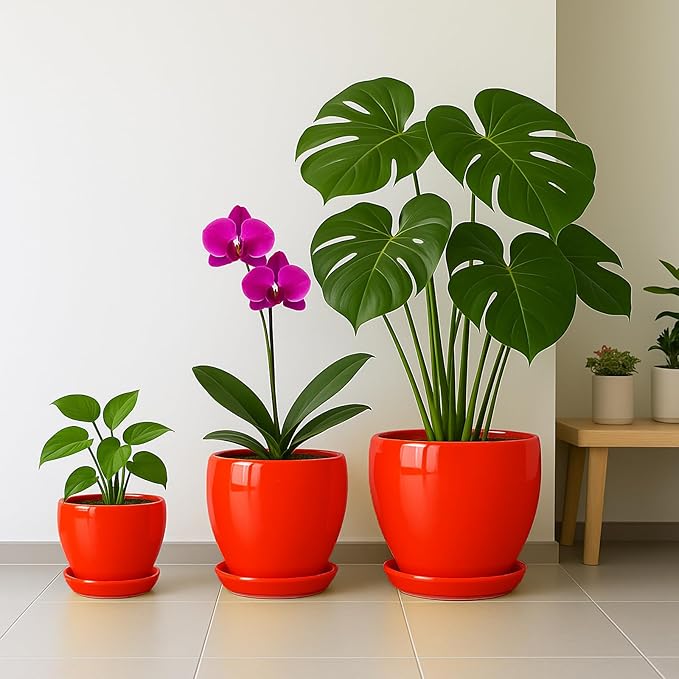 Deep Dream 8 Inch Plant Pots- Ceramic Pots for Plants with Drainage Hole and Saucer, Large Planter Pot for Indoor Plants Outdoor Decor, Red