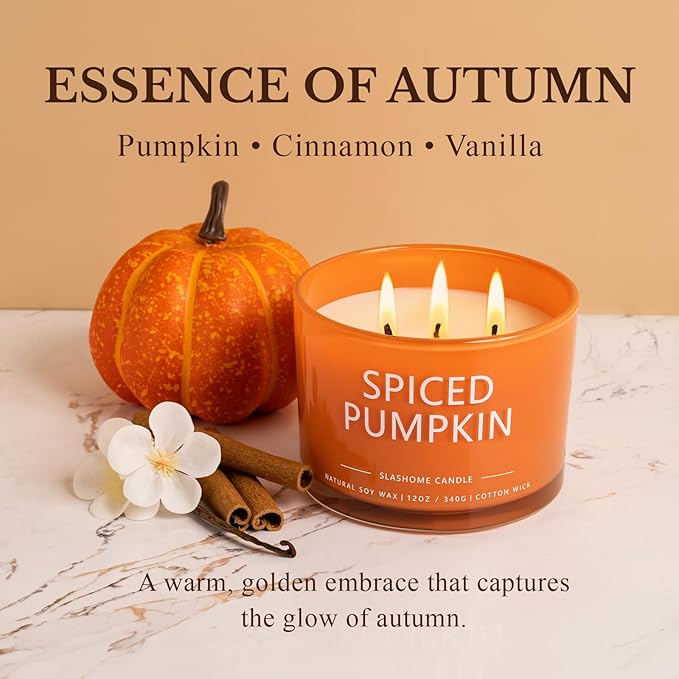 Pumpkin Spice Fall Candle, Large 3 Wick 12oz Luxury Candle, Elegant Autumn Gift for Women & Men, 60+ Hour Burn Time & Non-Toxic, Cozy Fall & Halloween Home Decor