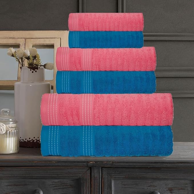 CASA COPENHAGEN Elegance 6 Pieces Ribbed Towels Set, Teal + Pink, 550 GSM, 2 Bath Towel 2 Hand Towel 2 Washcloths, Super Soft Egyptian Cotton for Bathroom, Kitchen & Shower